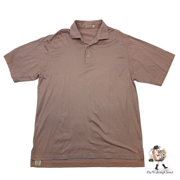 Peter Millar Polo Shirt Mens L Large Orange Blue Striped Soft Mercerized Cotton - Picture 1 of 7